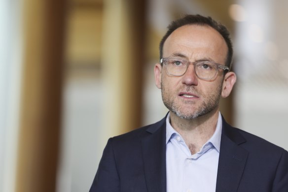 Greens leader Adam Bandt, pictured earlier this month, poked fun at Qantas in his speech.