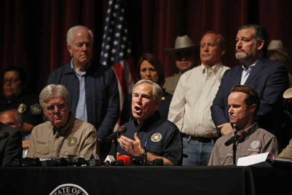 Texas Governor Greg Abbott speaks during a news conference in Uvalde.