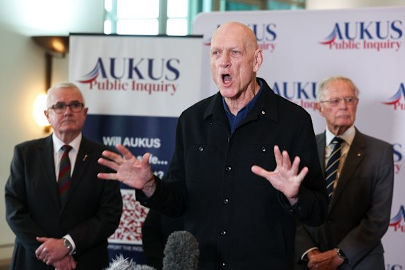 Peter Garrett during a press conference on a public inquiry into AUKUS, at Parliament House in Canberra on Tuesday 2 June 2026.