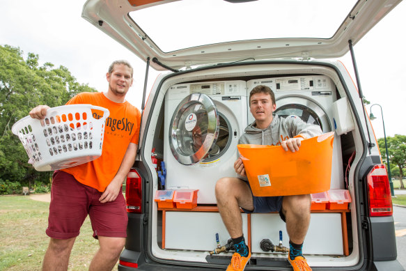 Orange Sky Australia, a free mobile laundry service for people experiencing homelessness, was  founded in 2014 in a Brisbane garage by two 20-year-old mates, Lucas Patchett and Nic Marchesi.