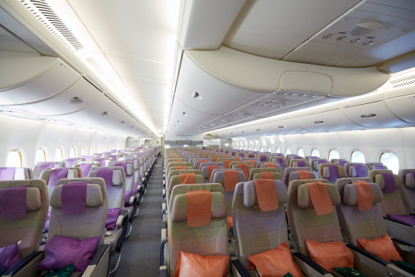 Economy class on an Emirates A380. Seats at the front of the cabin are “preferred” and require an additional fee to secure. 
