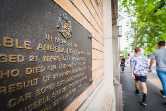 The plaque for Angela Taylor on the corner of Russell and La Trobe streets. 