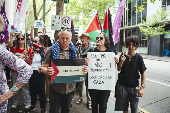 Protesters outside the ABC’s Ultimo office in Sydney on Thursday.
