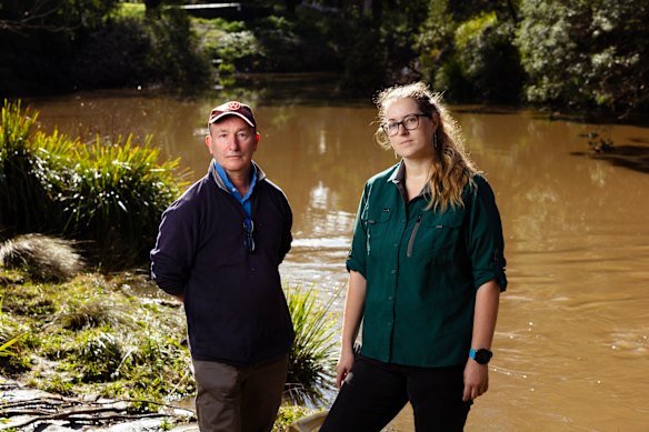 Professor Ian Wright and PhD candidate Katherine Warwick by the Wingecarribee River near Berrima sewage outfall, a known hotspot for platypus.
