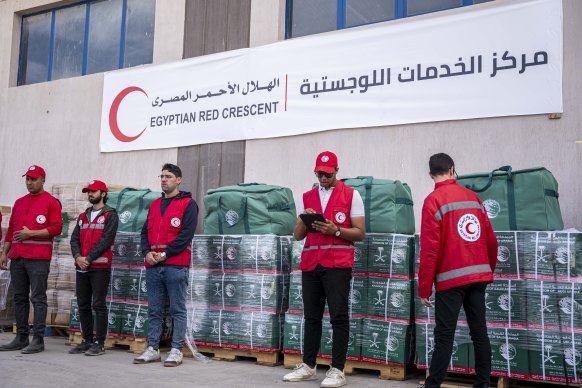 Aid organised by the Egyptian Red Crescent being prepared for shipment to Gaza this week in Arish, Egypt.
