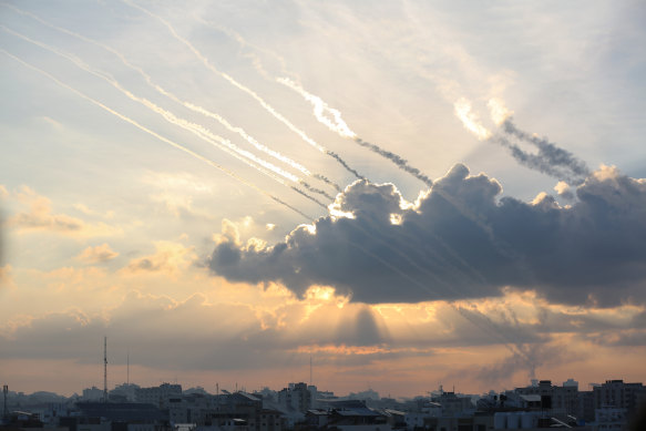 Rocket contrails in the skies over Gaza City.