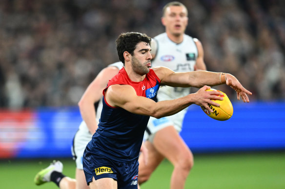 Christian Petracca gets a kick away.