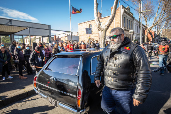 Members of the Southern Warriors Aboriginal Motorcycle Club were among those to pay tribute to Archie Roach outside the Aboriginal Health Service in Fitzroy.