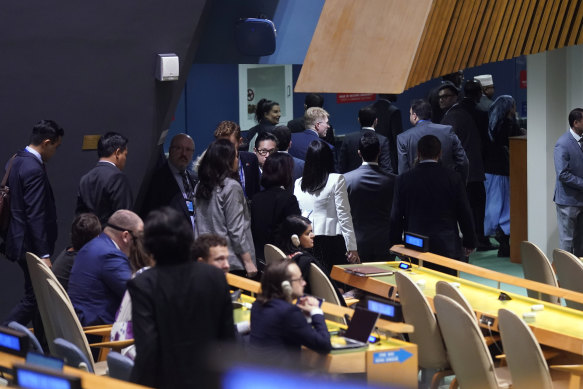 Delegates leave as Israeli Prime Minister Benjamin Netanyahu addresses the 79th session of the United Nations General Assembly.