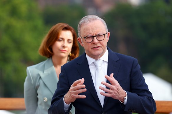 Prime Minister Anthony Albanese and Minister for Communications  Anika Wells during a door stop after the Protecting Children in the Digital Age event held at the United Nations HQ in New York City.