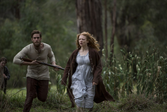 Oliver Jackson-Cohen as ex-convict Will Thornhill, and Sarah Snook as his wife, Sal, in the mini-series of The Secret River.