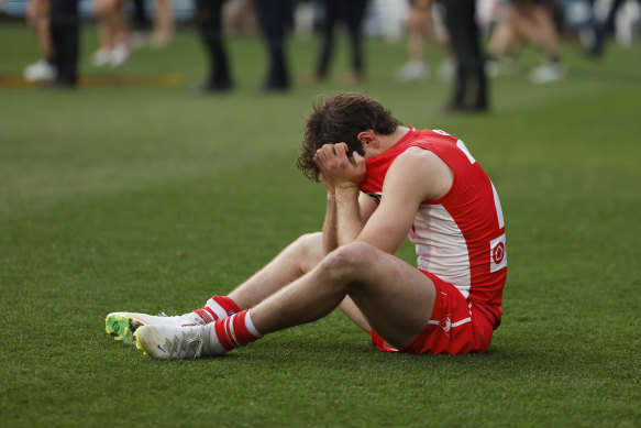 Swans star Errol Gulden covers his face after the final siren.