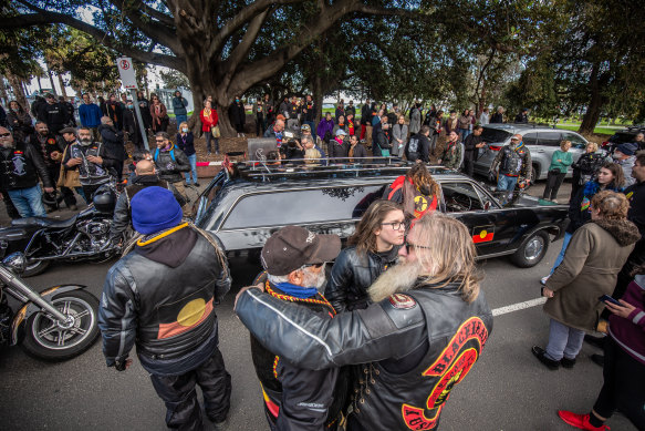 The procession for Archie Roach through St Kilda on Monday.