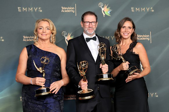 Karina Holden (left), Cian O’Clery and Kelly Martin with their Emmys for outstanding unstructured reality program award for Love On The Spectrum.