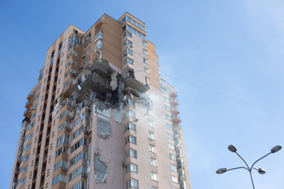 A Kyiv apartment block hit by a missile.