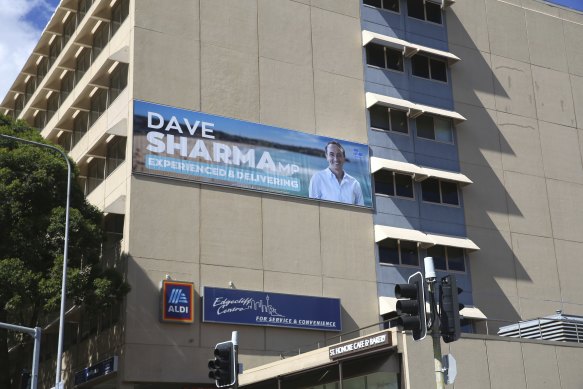 The Dave Sharma banner was still on the Edgecliff Centre wall on Friday.