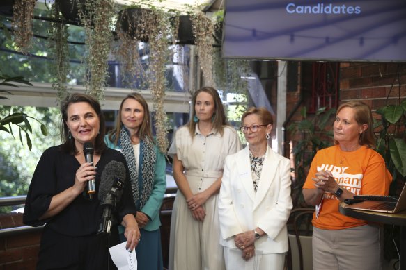 Independent member for Lane Cove Victoria Davidson addresses a Climate 200 event on Sunday flanked by other teal candidates.