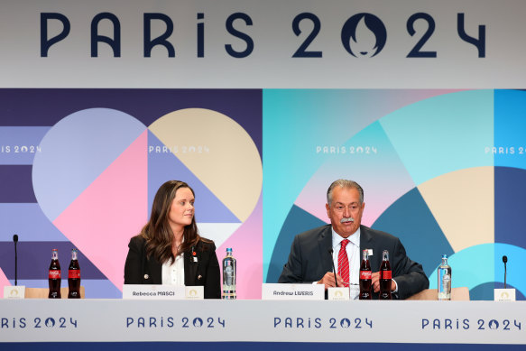 Brisabne 2032 president Andrew Liveris (right) and spokeswoman Rebecca Masci in Paris.