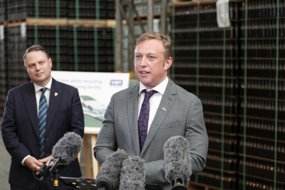 Deputy Premier Steven Miles (right) at a development announcement with Brisbane Lord Mayor Adrian Schrinner.