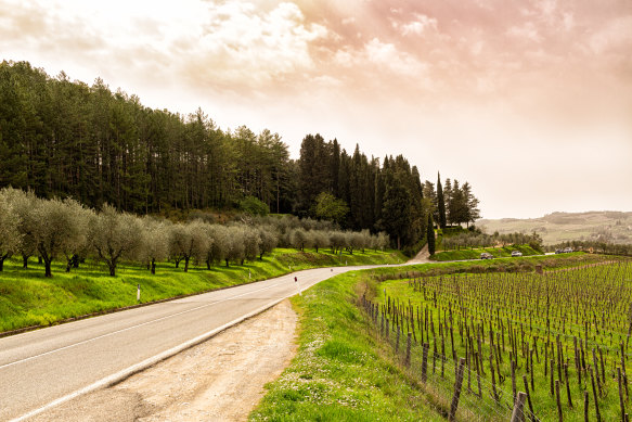 Classic Tuscan landscape on SR222 or, more poetically, Chiantigiana Strada del Vino e dell’Olio. 