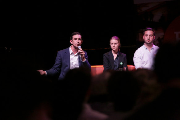 Incumbent Liberal MP Trevor Evans, with Tiana Kennedy from Animal Justice Party and Stephen Bates of the Greens, at the Brisbane candidates forum held at Brisbane Powerhouse on Wednesday night.