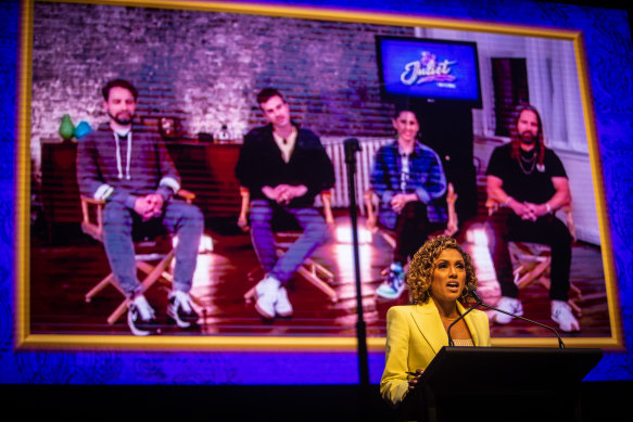 Karina Carvalho interviewing Max Martin, David West Luke Sheppard and Jennifer Weber at the announcement that Melbourne will play home to the hit musical ‘& Juliet’.