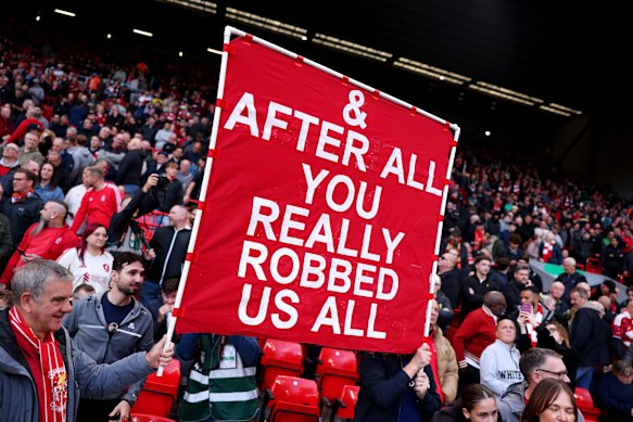 Liverpool fans display a banner with a play on the lyrics from Oasis’ Wonderwall.