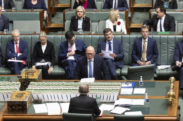 Dutton faces off against Prime Minister Anthony Albanese during question time, while Tehan (seated right) looks on.