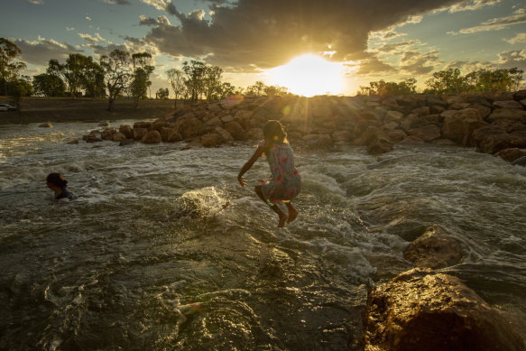 Brewarrina Weir, pictured on February 16, overflowed for the first time in years after last month's rain.