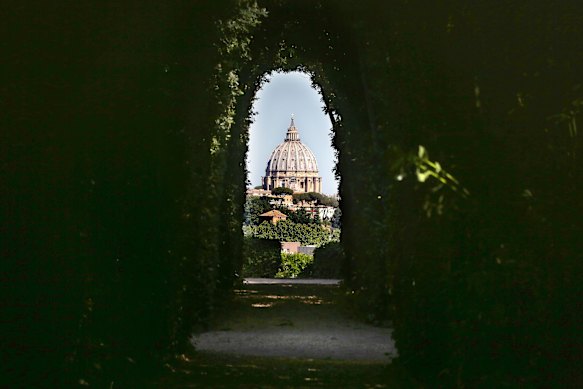 The view of St Peter’s Basilica as seen from the Aventine Keyhole in Rome.
