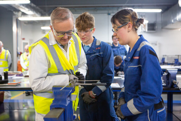 Prime Minister Anthony Albanese tours the BAE Systems shipyard in Barrow-in-Furness, England, where the UK’s first AUKUS submarine will be built.