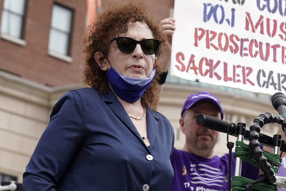 Nan Goldin in 2021 protesting against the Sackler family, whose company Purdue Pharma produced the drug OxyContin.