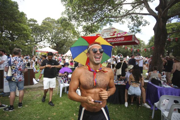 Crowds enjoy the festivities at the Sydney Gay and Lesbian Mardi Gras Fair Day at Victoria Park.