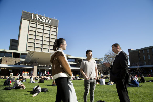 Outgoing UNSW vice-chancellor Ian Jacobs chats to students on the Kensington campus.