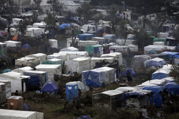 A makeshift camp for refugees and migrants next to the Moria migrant centre on the Greek island of Lesbos.