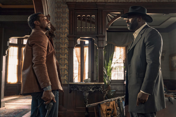 Jonathan Majors (left) and Idris Elba are the two protagonists in The Harder They Fall.