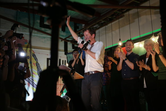 Greens supporters congratulate Max Chandler-Mather at West End’s Montague Hotel in Brisbane, after the party’s unprecedented federal success in Queensland on election night.