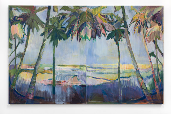 Seth Birchall’s Alilas Charm, a large oil painting previously exhibited by Tristian Koenig, is one of 39 missing art works. It was last priced at $16,000. 