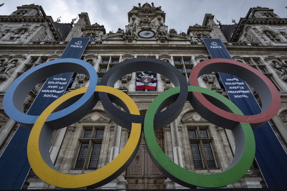 The Olympic rings outside the Paris City Hall earlier this year.