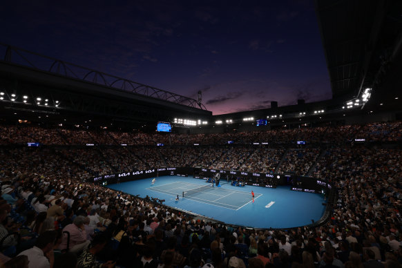 Sunset over Rod Laver Arena for the 2025 Australian Open men’s singles final between Jannik Sinner and Alexander Zverev.