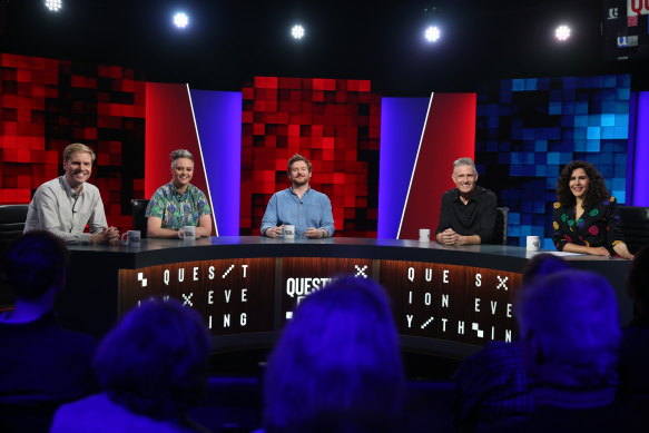 Question Everything - hosted by Wil Anderson with (from left) Mark Humphries, Geraldine Hickey, Cameron James and Jan Fran (far right).