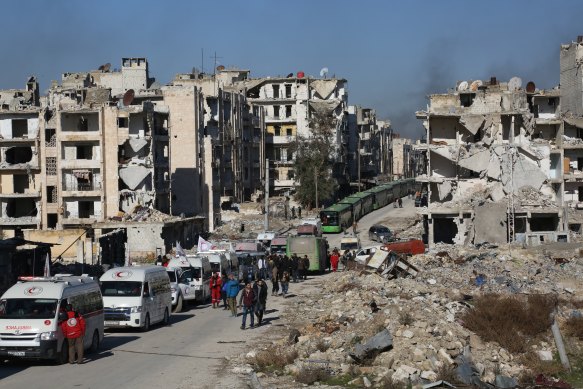 A convoy of buses and ambulances in Aleppo, Syria. McNeill says she drew incredible inspiration from the people she reported on. 