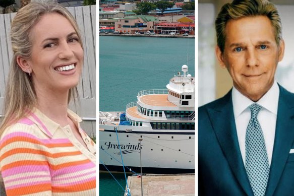 One of the plaintiffs, Valeska Paris, the Freewinds cruise ship, and a portrait of Scientology leader David Miscavige.