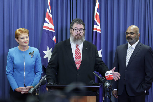 One Nation candidate George Christensen speaks at a One Nation press conference with Pauline Hanson earlier this month.