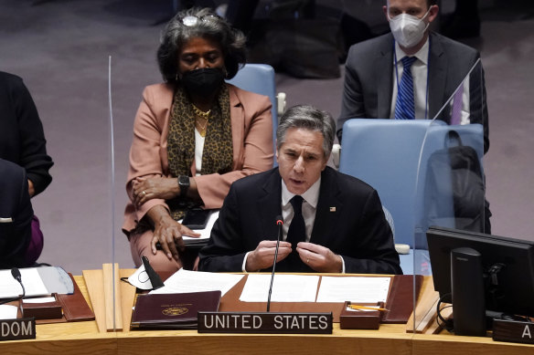 US Secretary of State Antony Blinken in a surprise address to the United Nations Security Council on Thursday Thursday, Feb. 17, 2022