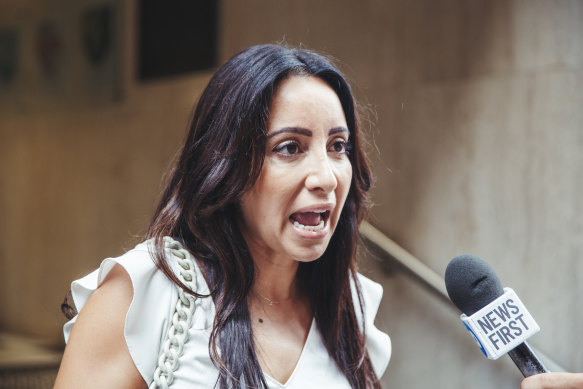 Antoinette Lattouf speaks to the media  on Thursday about her wrongful dismissal case against the ABC.