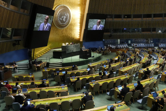 UN General Assembly President Dennis Francis delivers his closing remarks to this year’s event. Very few women stood where Francis is standing.