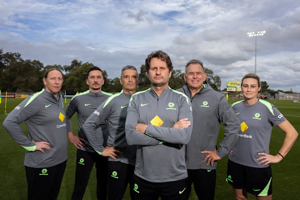 Behind the Matildas: Leanne Hall, Emanuele Chiappero, Joe Palatsides, head coach Joe Montemurro, Tony Franken and Emily Husband.
