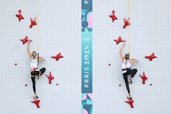 Aleksandra Miroslaw of  Poland competes against Aleksandra Kalucka of Poland in the women’s speed semi-finals at the Paris climbing venue. 