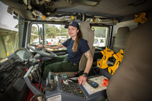 US firefighter Justine Gude is ready to drive on the left.